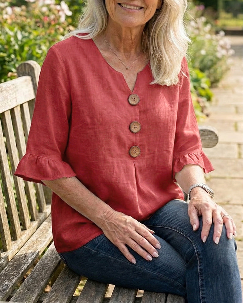 Janet | V-Neck Blouse with Wooden Buttons and Ruffled Sleeves
