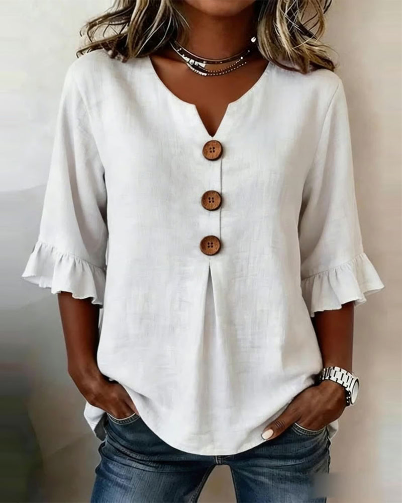 Janet | V-Neck Blouse with Wooden Buttons and Ruffled Sleeves