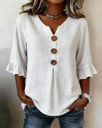 Janet | V-Neck Blouse with Wooden Buttons and Ruffled Sleeves