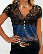 Sharon | V-Neck T-Shirt with Lace and Color Patchwork