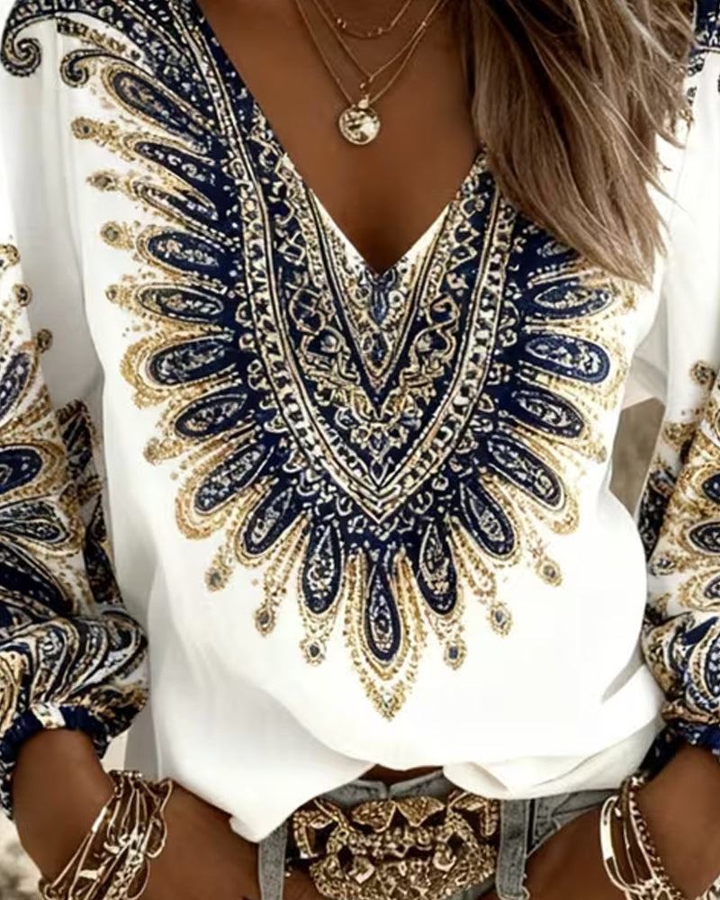Karen | Top with V-Neck and Retro Print