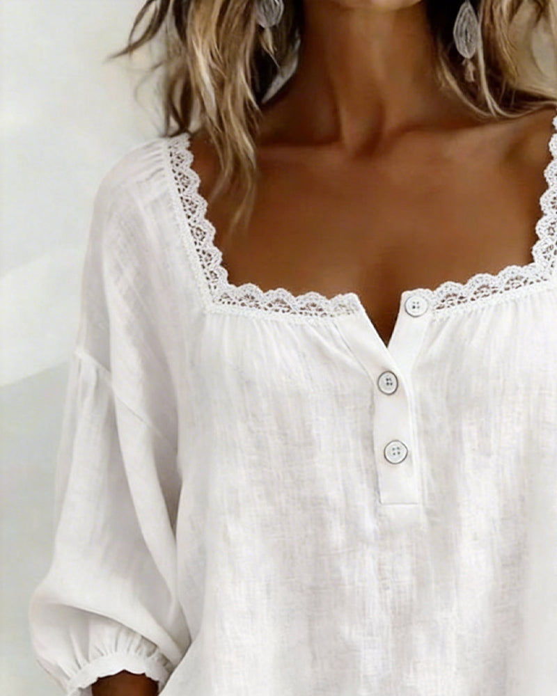 Cheryl | Lace Blouse with Square Neck and Puff Sleeves