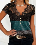 Sharon | V-Neck T-Shirt with Lace and Color Patchwork