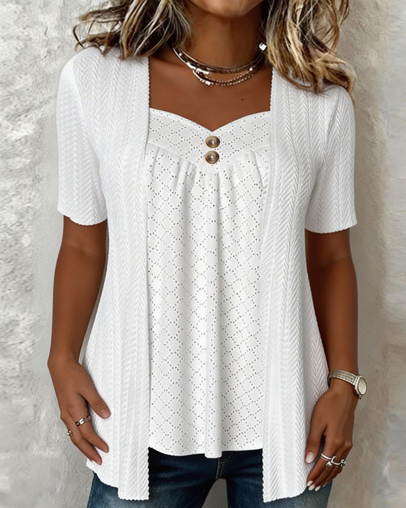 Carol | Faux Layered Square Collar Cutout Patchwork Shirt
