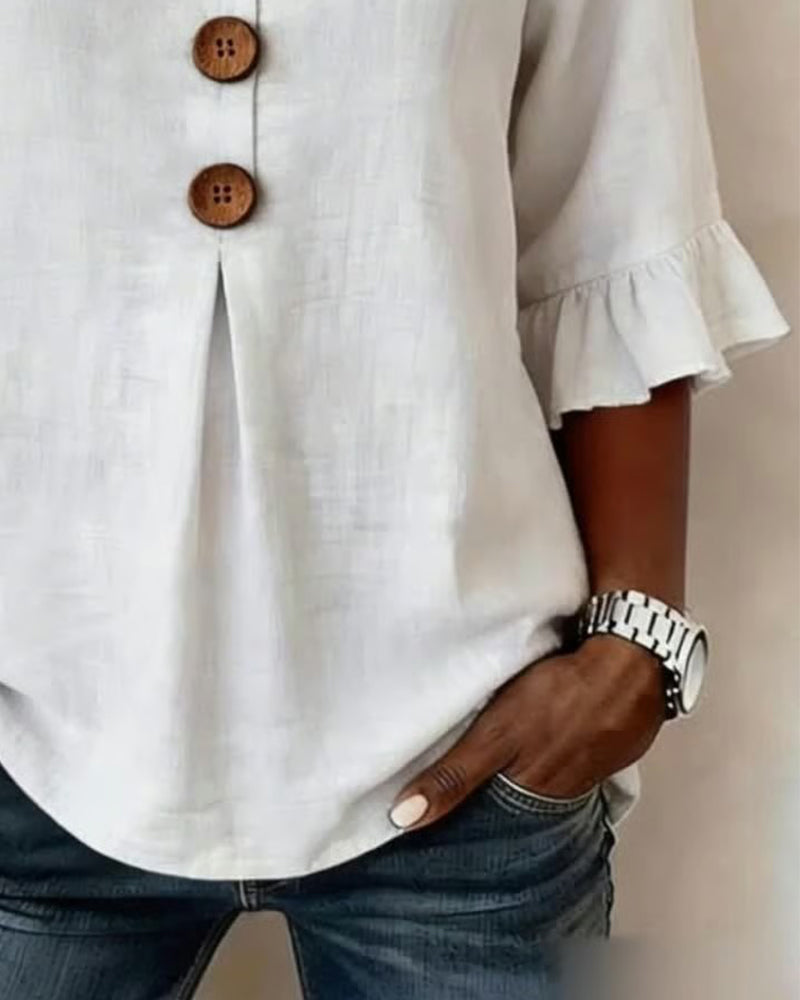 Janet | V-Neck Blouse with Wooden Buttons and Ruffled Sleeves