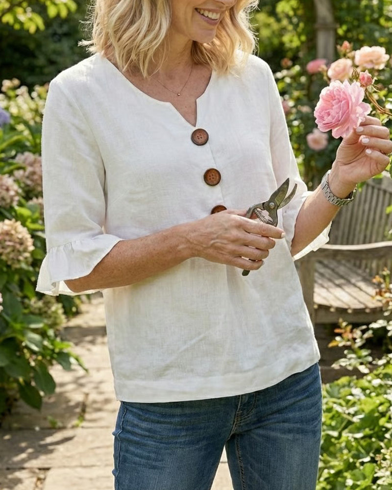 Janet | V-Neck Blouse with Wooden Buttons and Ruffled Sleeves