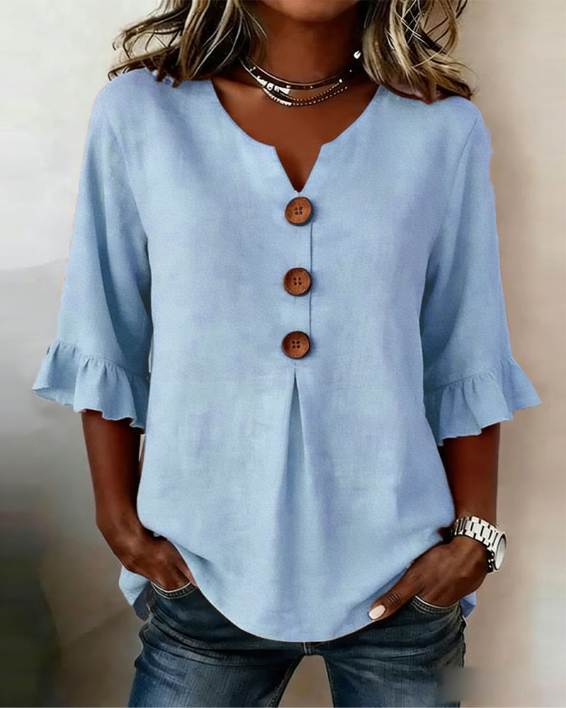 Janet | V-Neck Blouse with Wooden Buttons and Ruffled Sleeves
