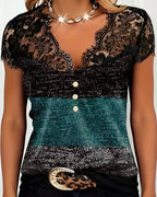 Sharon | V-Neck T-Shirt with Lace and Color Patchwork