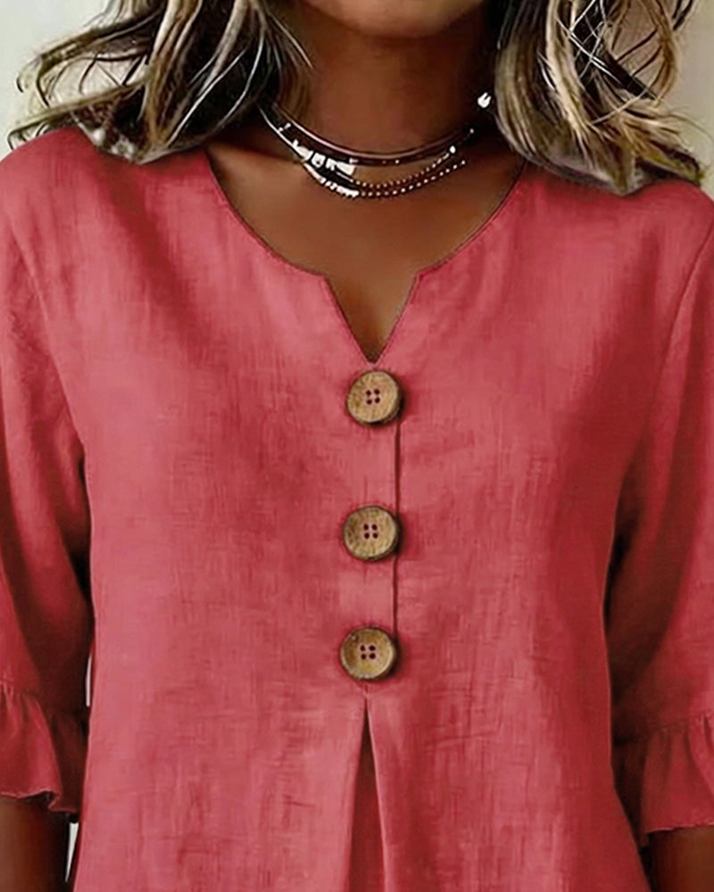 Janet | V-Neck Blouse with Wooden Buttons and Ruffled Sleeves