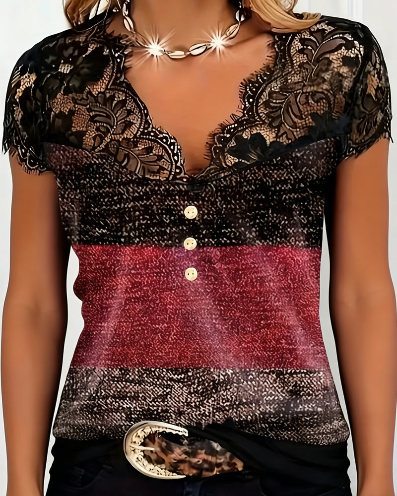 Sharon | V-Neck T-Shirt with Lace and Color Patchwork