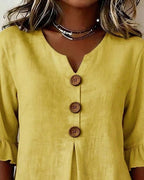 Janet | V-Neck Blouse with Wooden Buttons and Ruffled Sleeves