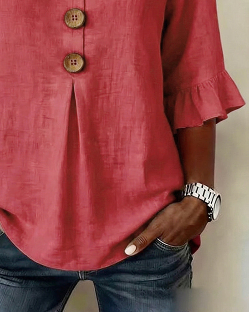 Janet | V-Neck Blouse with Wooden Buttons and Ruffled Sleeves