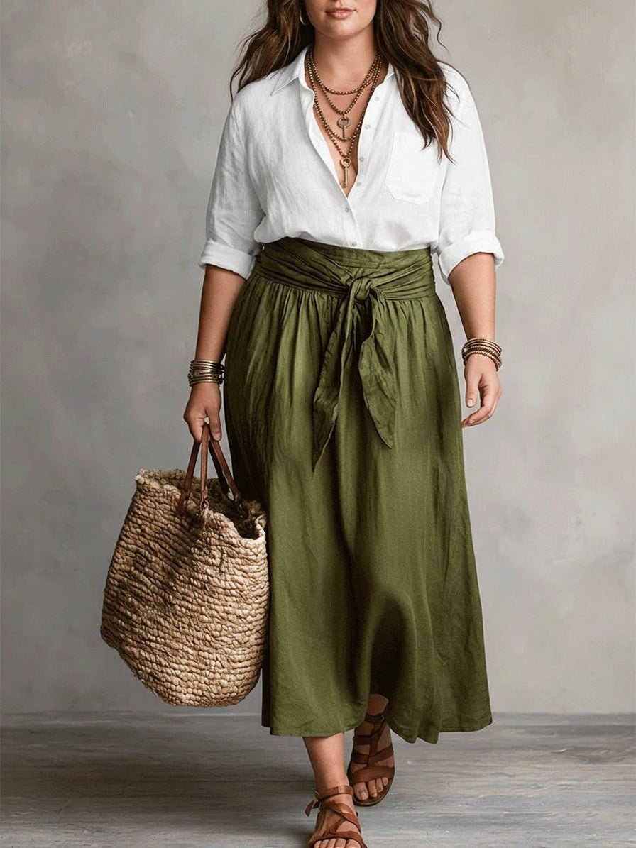 Vera – Two-Piece Set: Black T-Shirt and Olive Green Midi Skirt