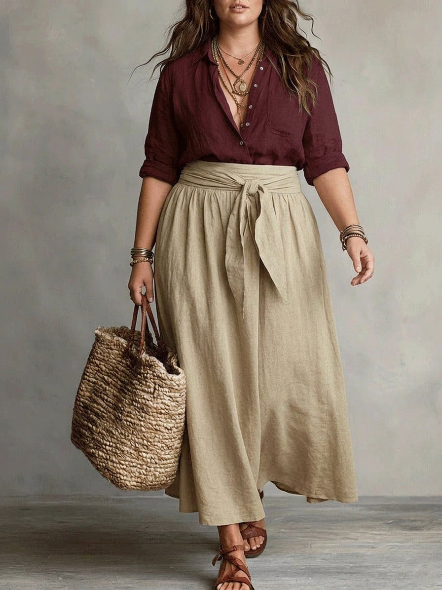 Vera – Two-Piece Set: Black T-Shirt and Olive Green Midi Skirt