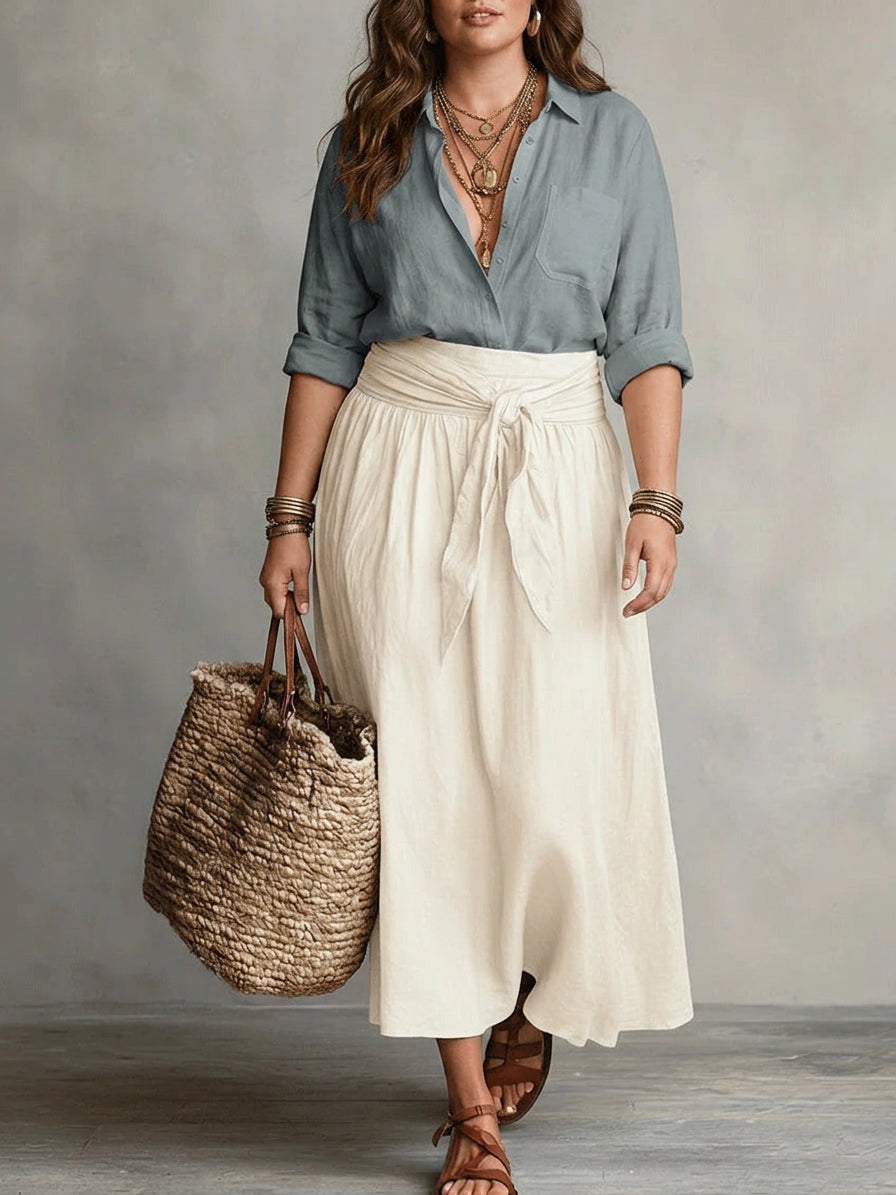 Vera – Two-Piece Set: Black T-Shirt and Olive Green Midi Skirt
