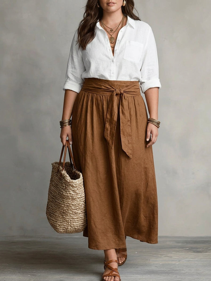 Vera – Two-Piece Set: Black T-Shirt and Olive Green Midi Skirt