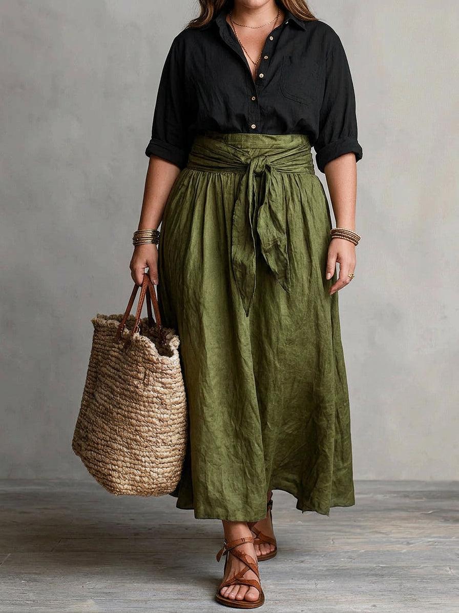 Vera – Two-Piece Set: Black T-Shirt and Olive Green Midi Skirt