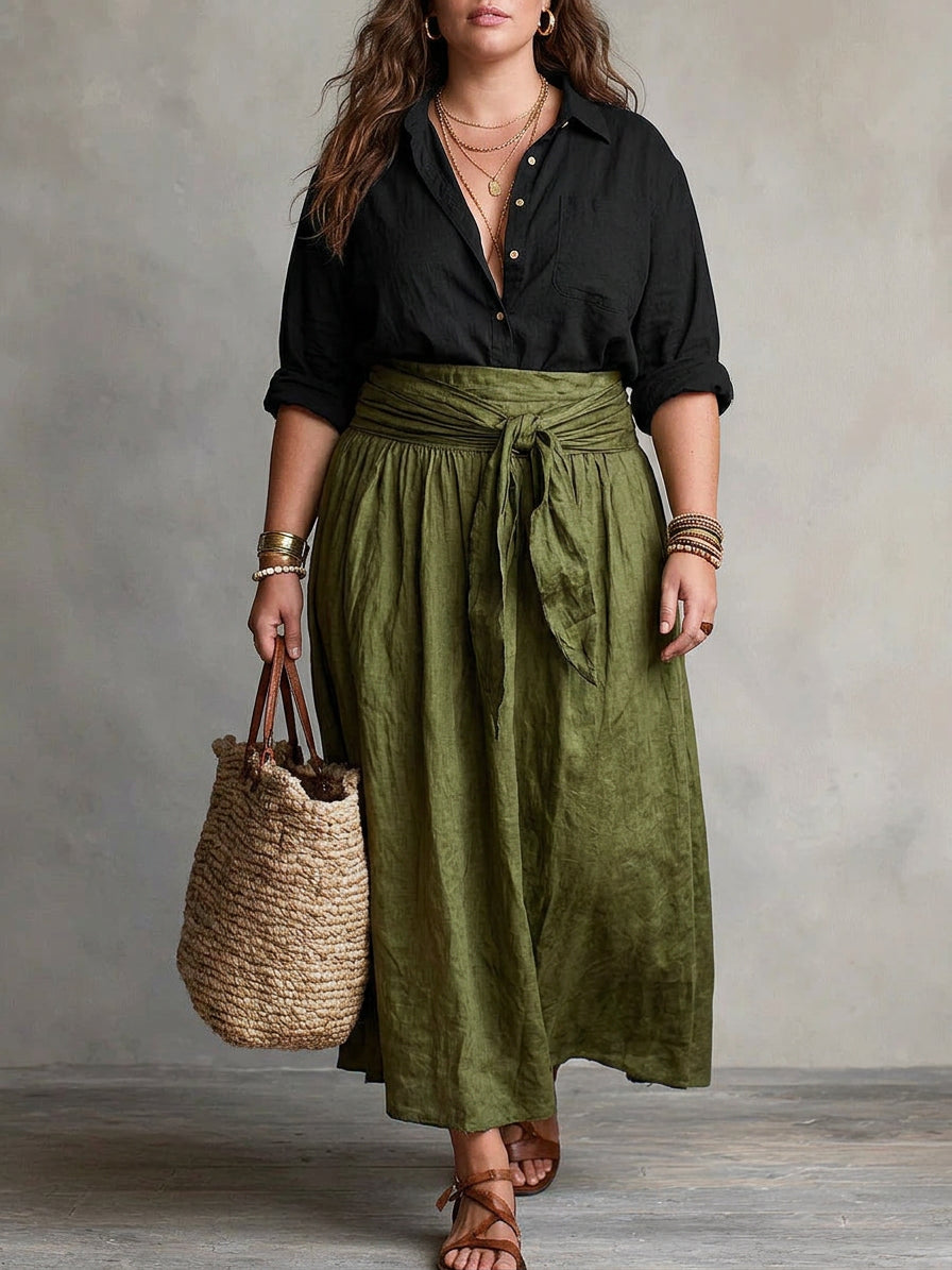Vera – Two-Piece Set: Black T-Shirt and Olive Green Midi Skirt
