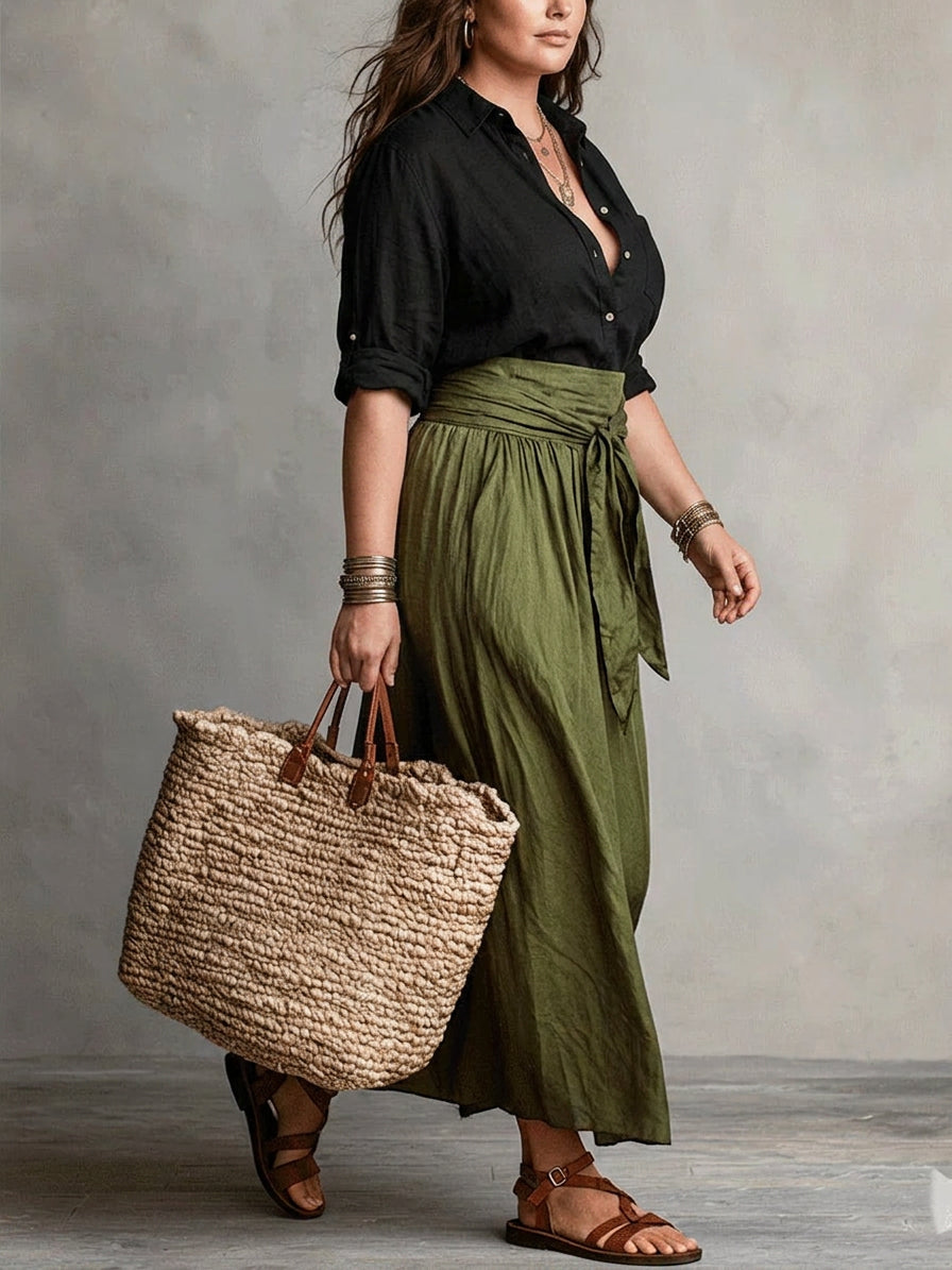 Vera – Two-Piece Set: Black T-Shirt and Olive Green Midi Skirt