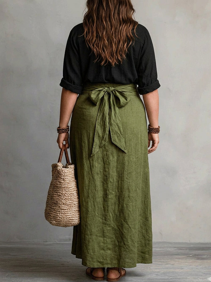 Vera – Two-Piece Set: Black T-Shirt and Olive Green Midi Skirt