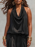 Aurora – Sleeveless top with American collar and pleated pants