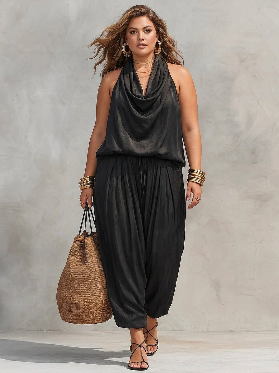 Aurora – Sleeveless top with American collar and pleated pants