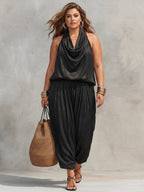 Aurora – Sleeveless top with American collar and pleated pants