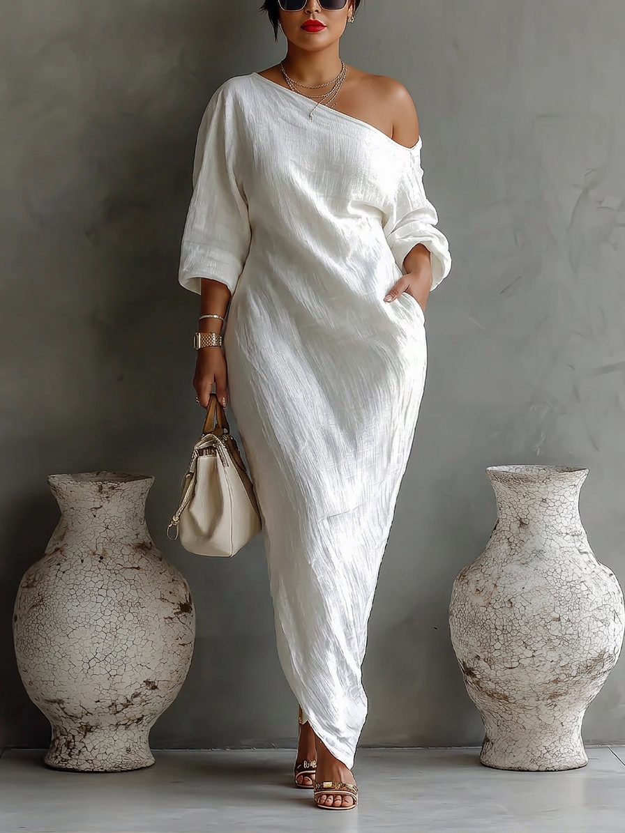 Elise | Elegant one-shoulder maxi dress in white