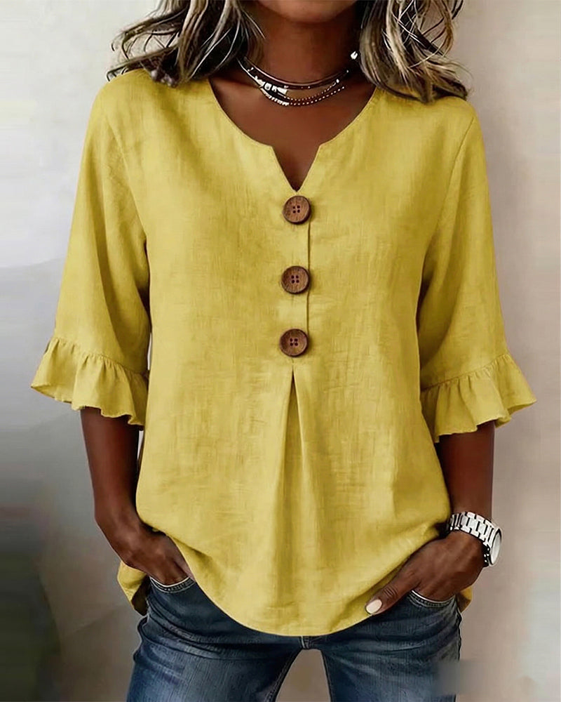 Janet | V-Neck Blouse with Wooden Buttons and Ruffled Sleeves