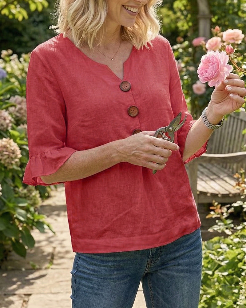 Janet | V-Neck Blouse with Wooden Buttons and Ruffled Sleeves