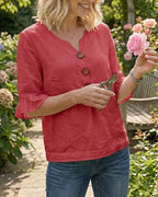 Janet | V-Neck Blouse with Wooden Buttons and Ruffled Sleeves