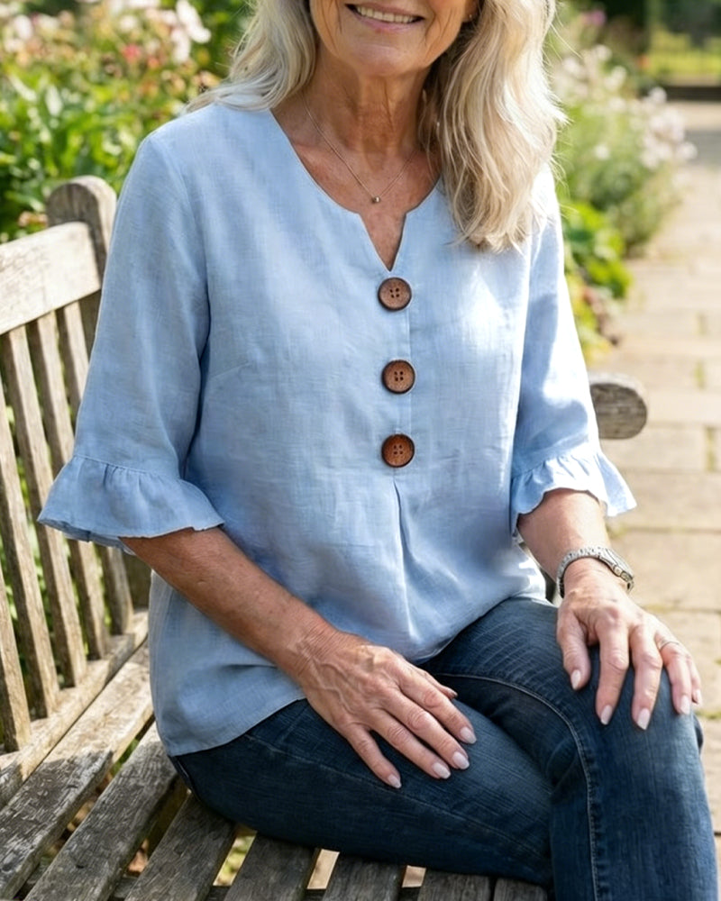 Janet | V-Neck Blouse with Wooden Buttons and Ruffled Sleeves