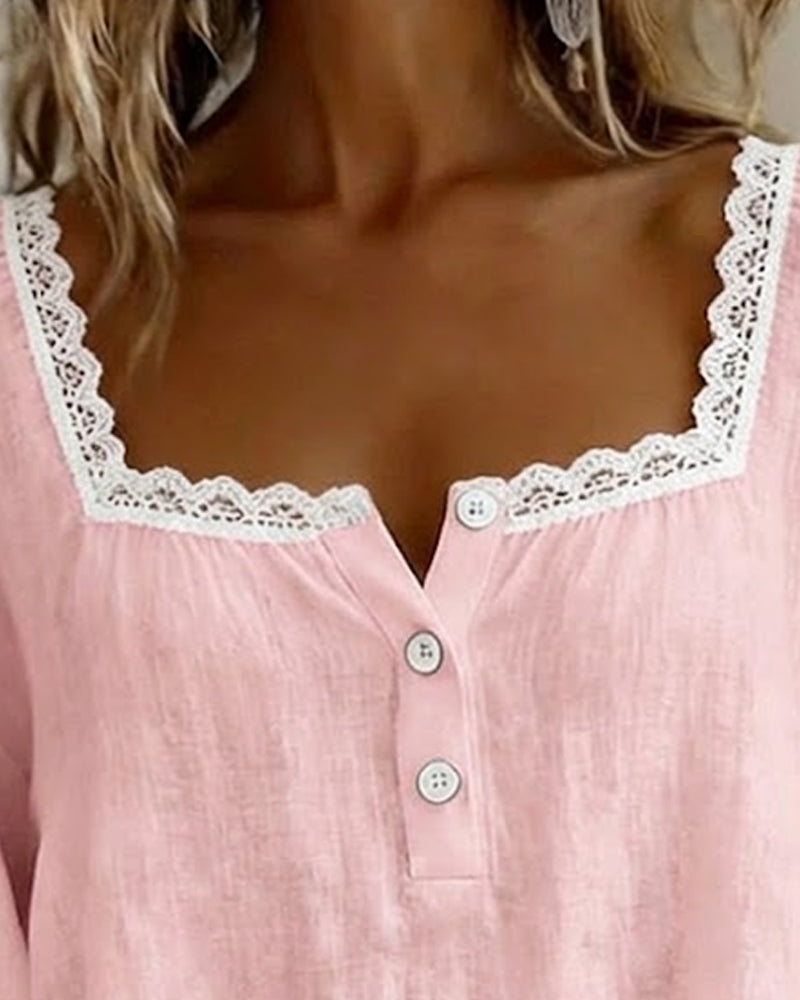 Cheryl | Lace Blouse with Square Neck and Puff Sleeves