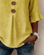 Janet | V-Neck Blouse with Wooden Buttons and Ruffled Sleeves