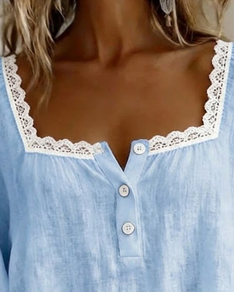 Cheryl | Lace Blouse with Square Neck and Puff Sleeves