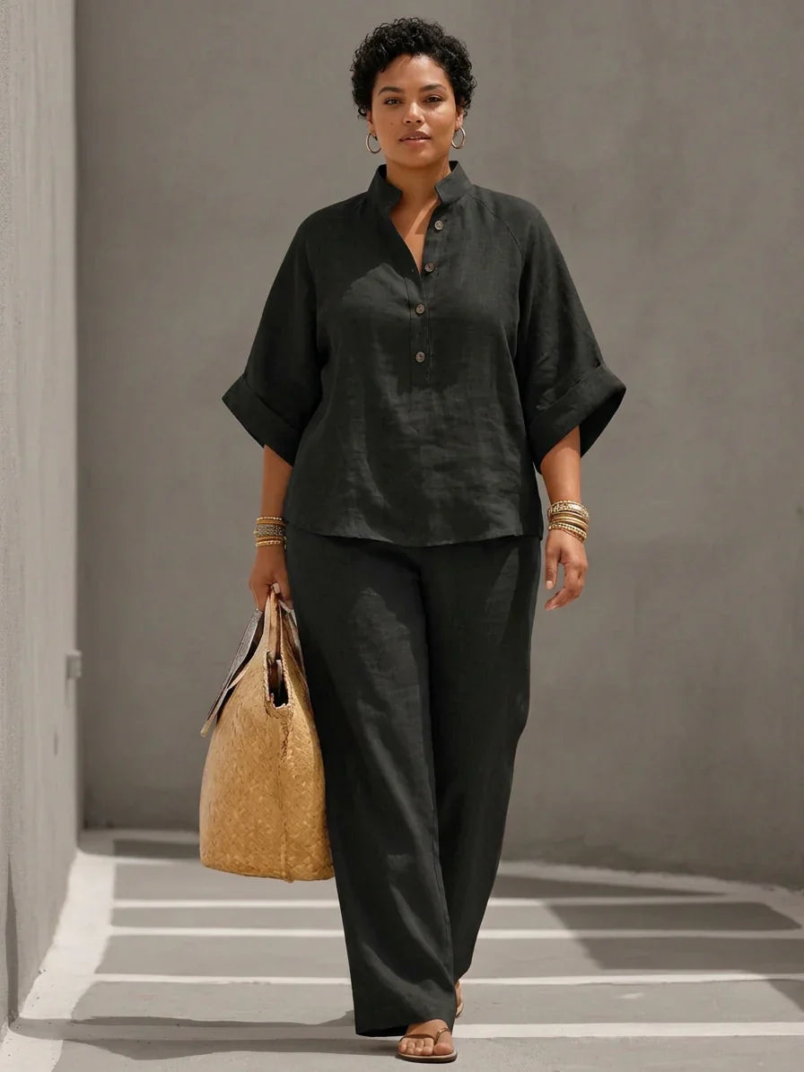 Maribel - Complete linen set with batwing sleeves and wide pants