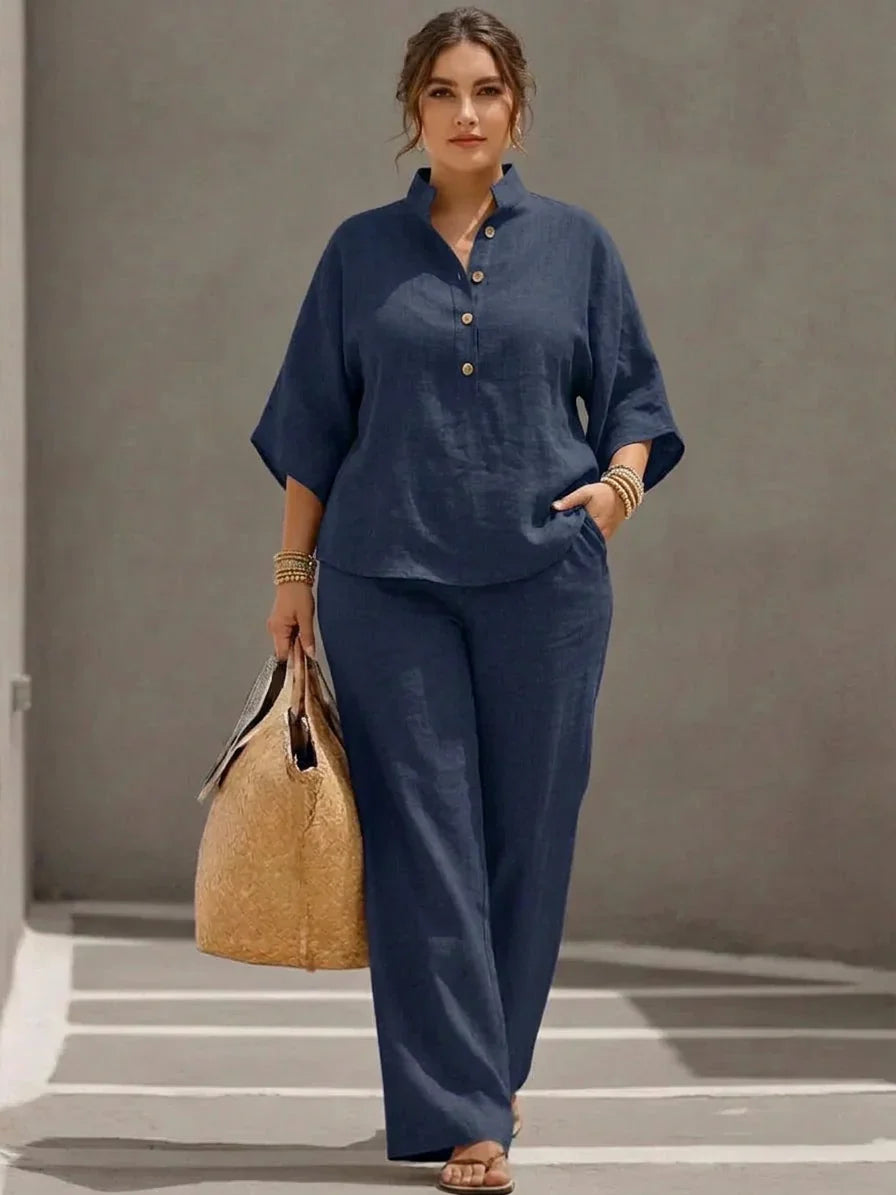 Maribel - Complete linen set with batwing sleeves and wide pants