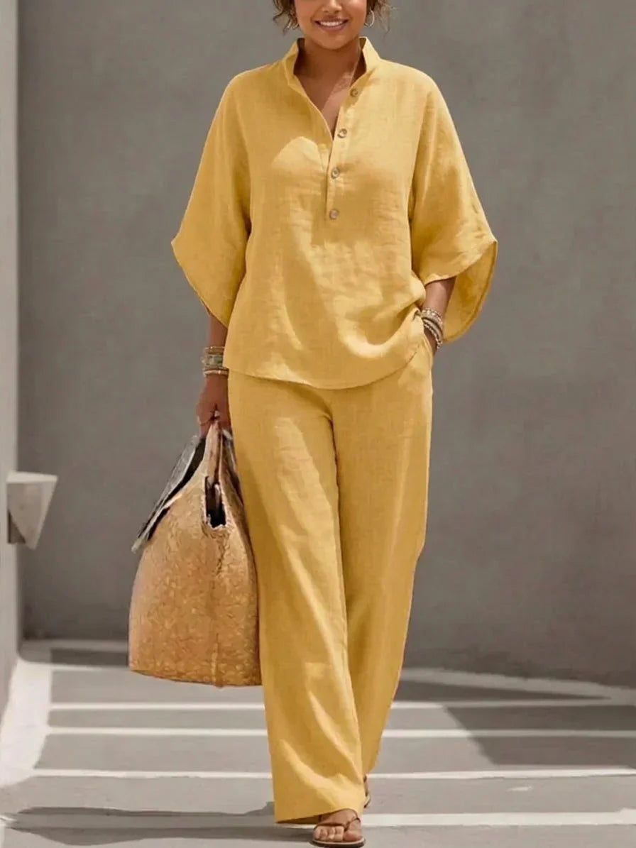 Maribel - Complete linen set with batwing sleeves and wide pants