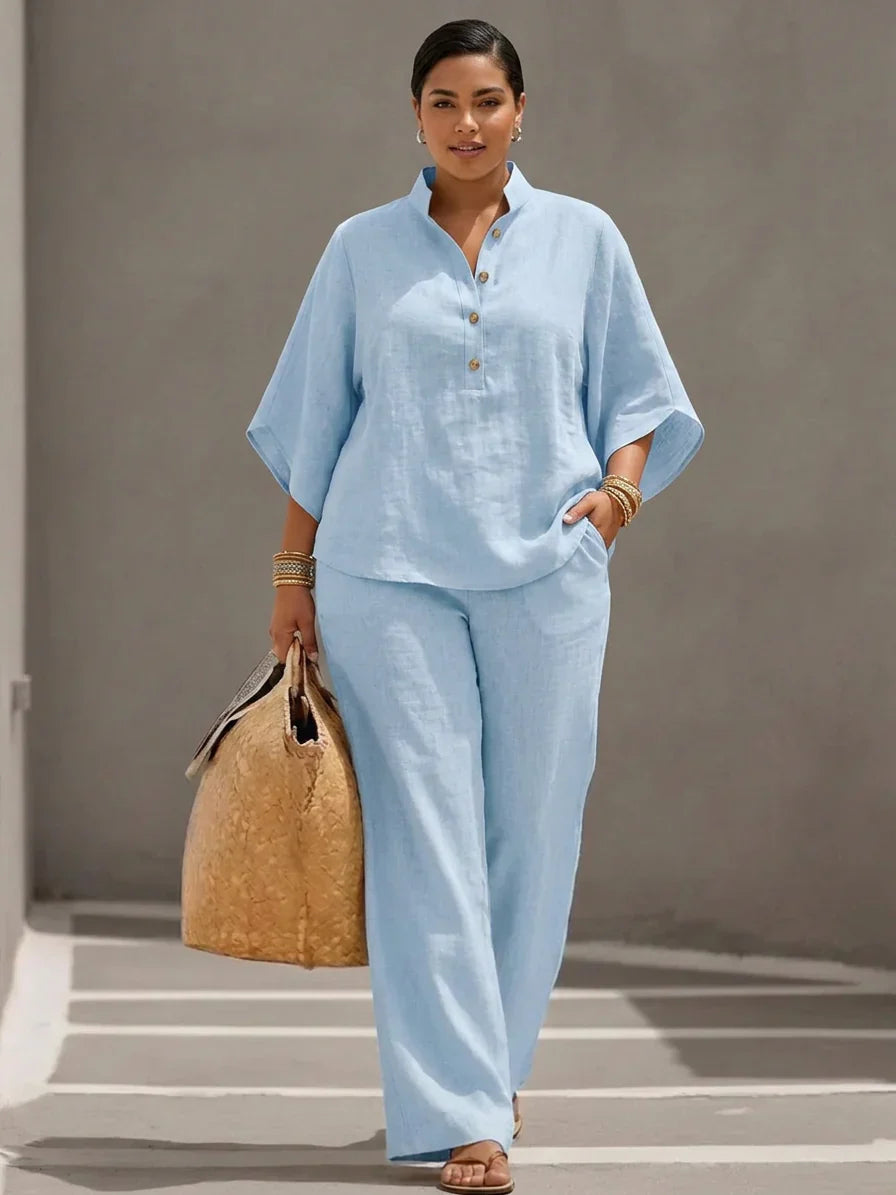 Maribel - Complete linen set with batwing sleeves and wide pants