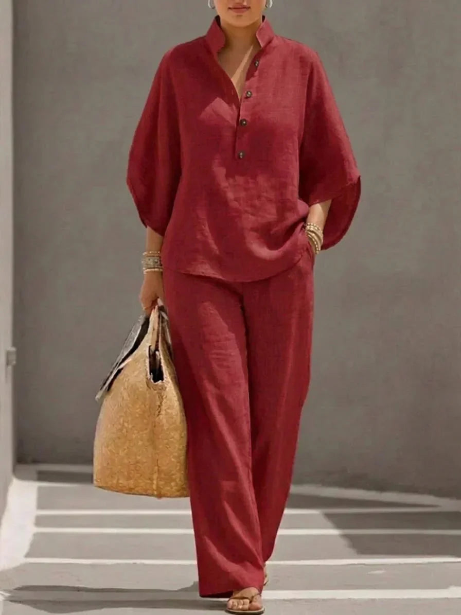 Maribel - Complete linen set with batwing sleeves and wide pants