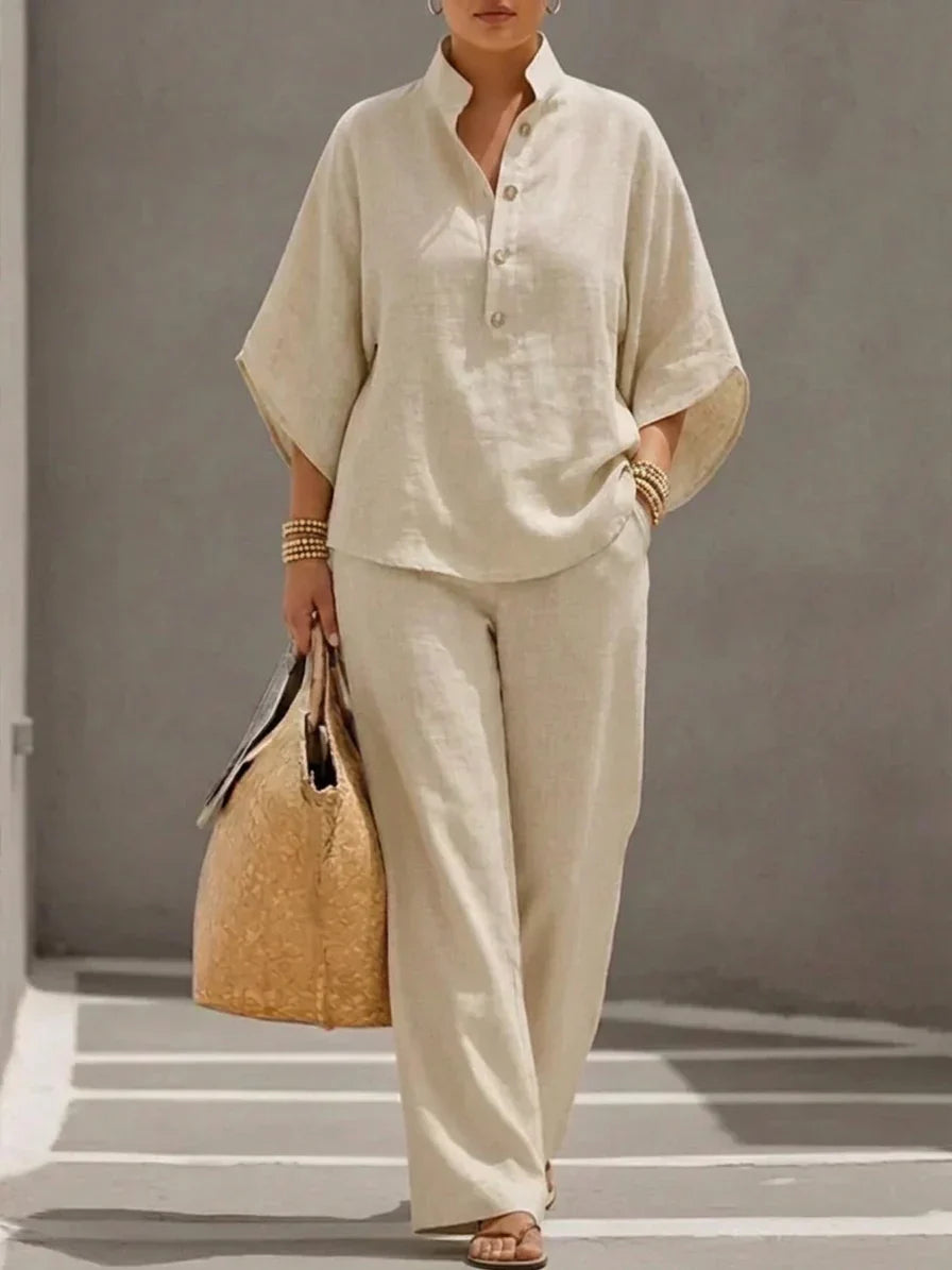 Maribel - Complete linen set with batwing sleeves and wide pants