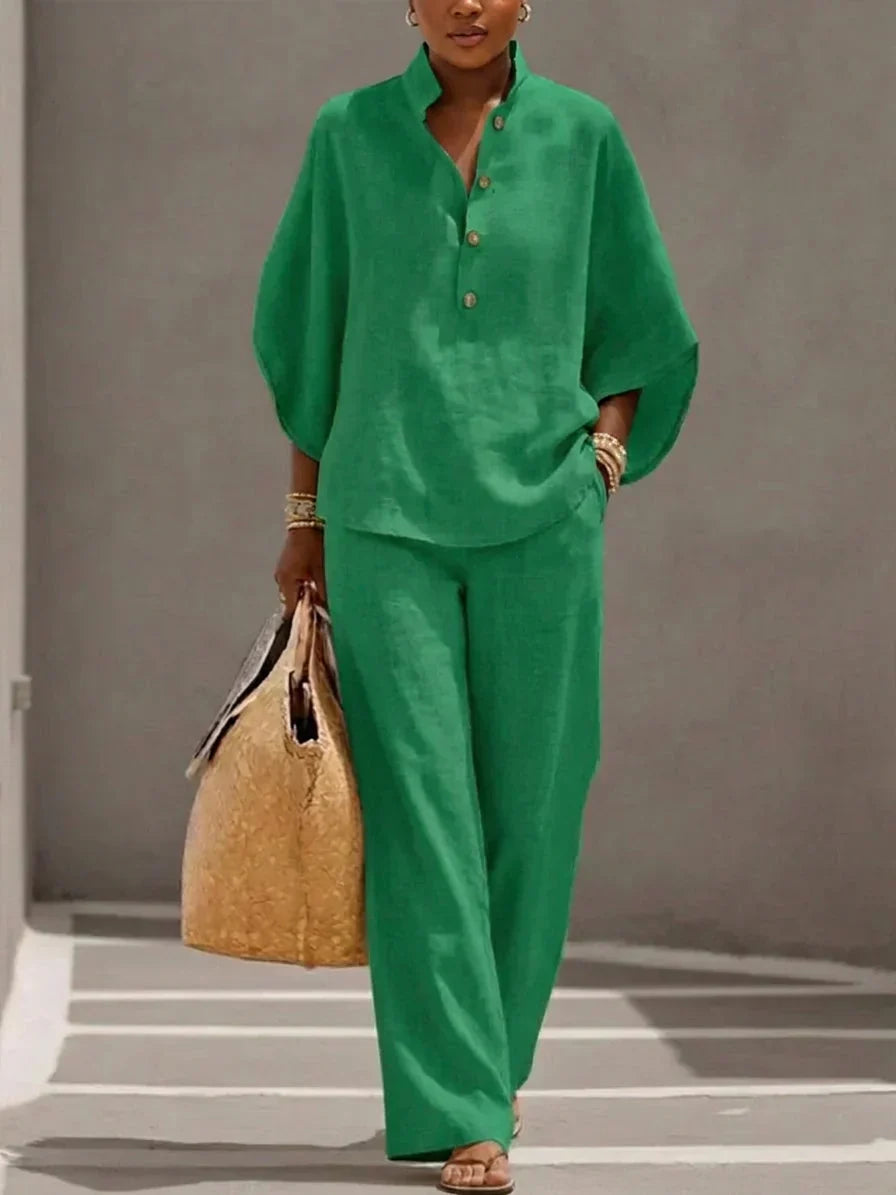 Maribel - Complete linen set with batwing sleeves and wide pants